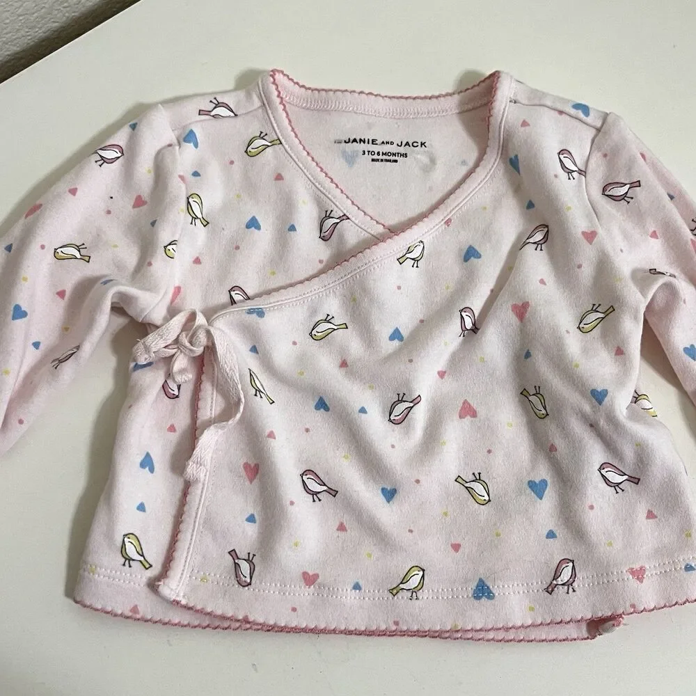 Janie and Jack Pink Bird Heart Kimono Top Footed Pants Set Baby Girl 3-6 Months